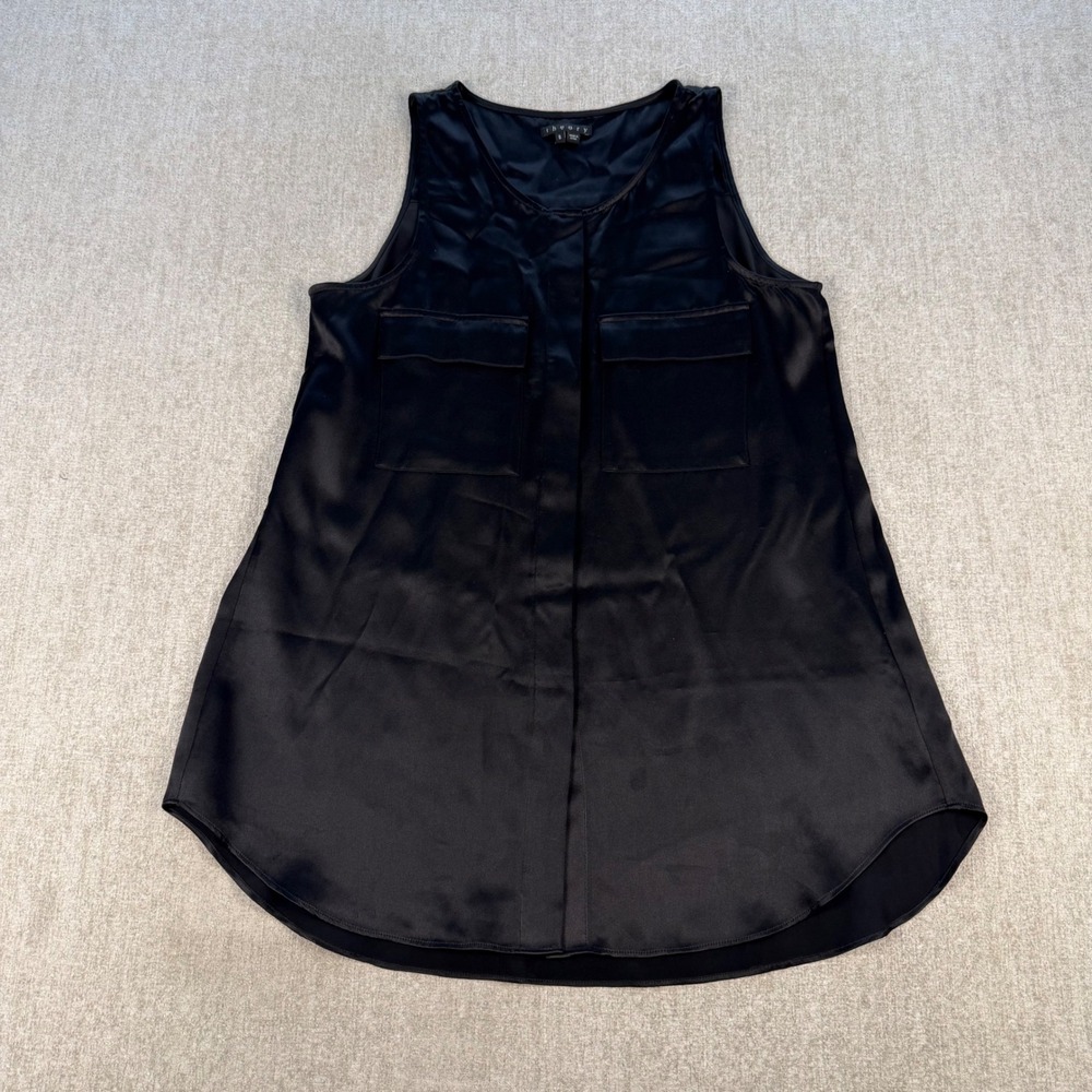 Theory Tank Top Womens Small Black Silk Semine Charmed Hidden Button B0402517